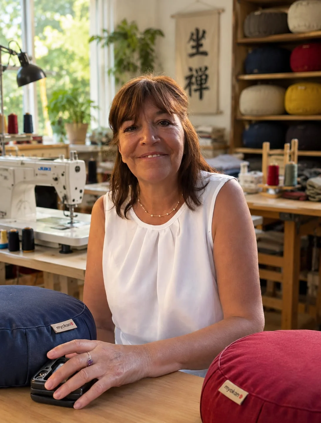 Véronique Myokan Harruis dans son atelier artisanal de zafus à Montpellier